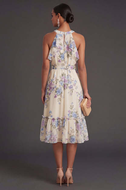 Apricot Floral Halter Neck Midi Wedding Guest Dress