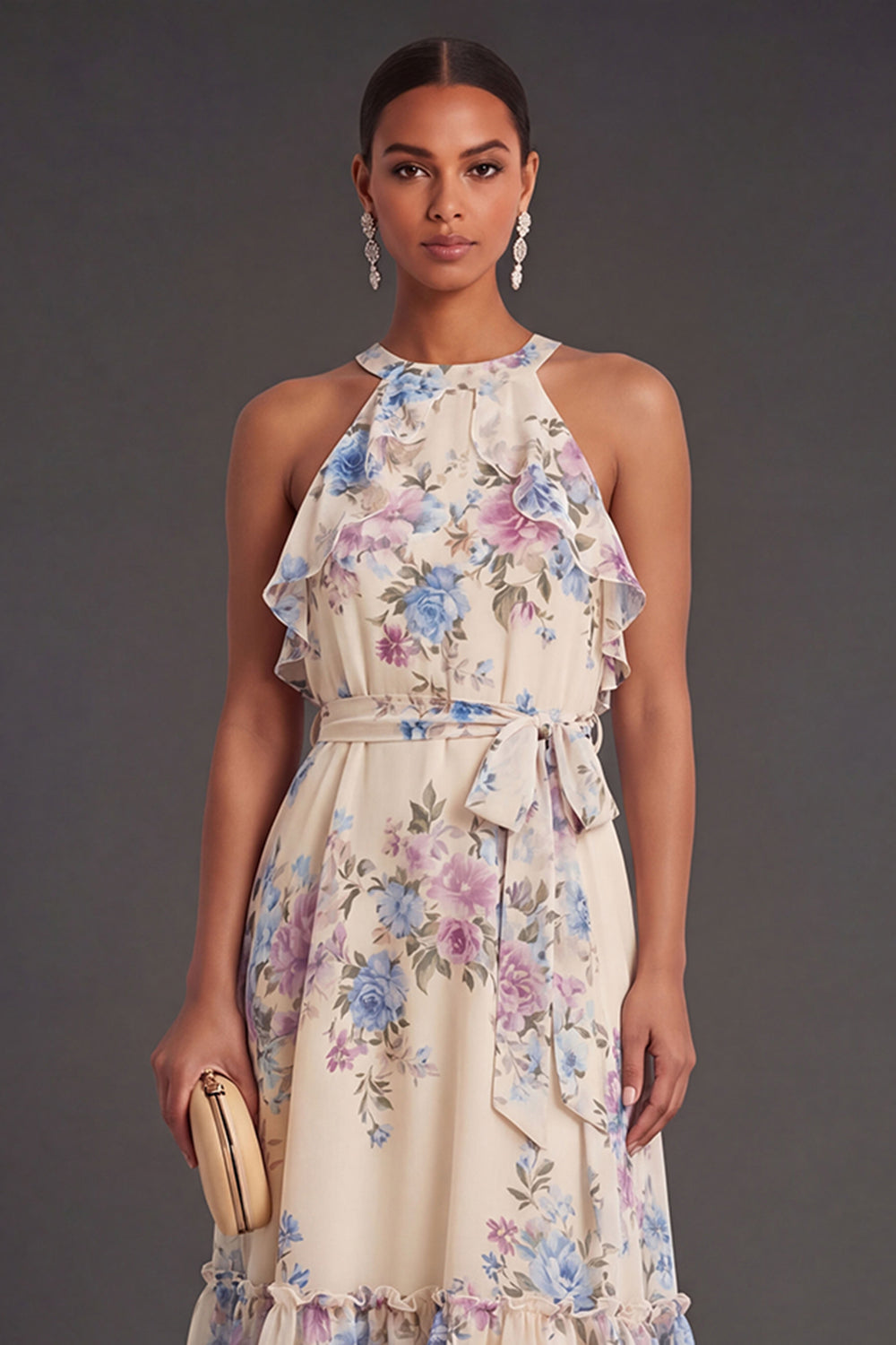 Apricot Floral Halter Neck Midi Wedding Guest Dress