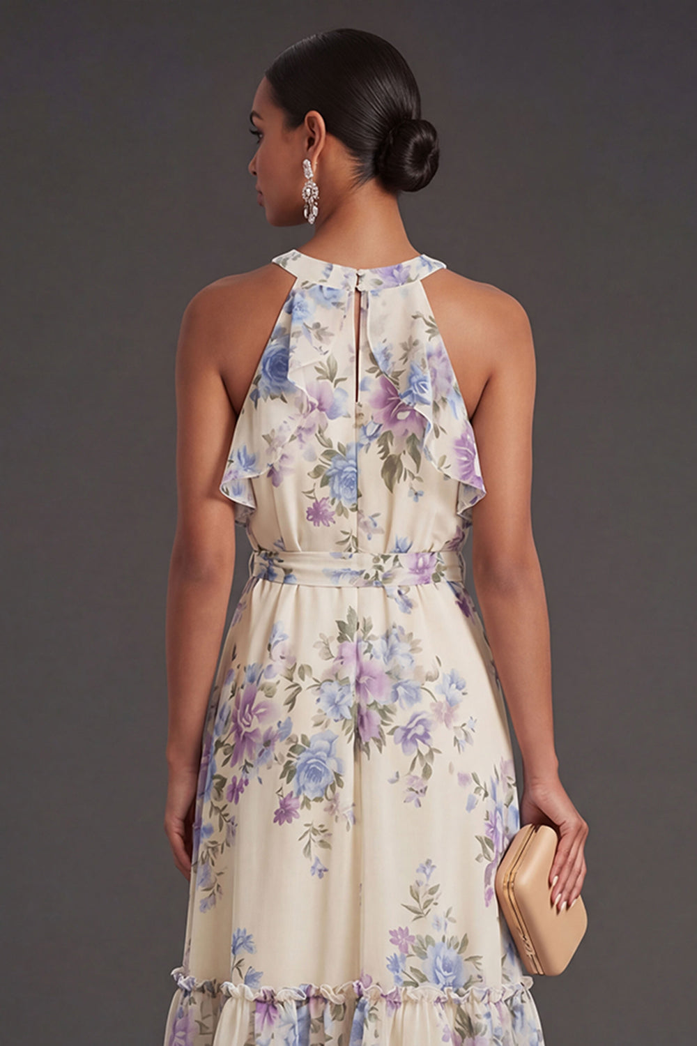 Apricot Floral Halter Neck Midi Wedding Guest Dress