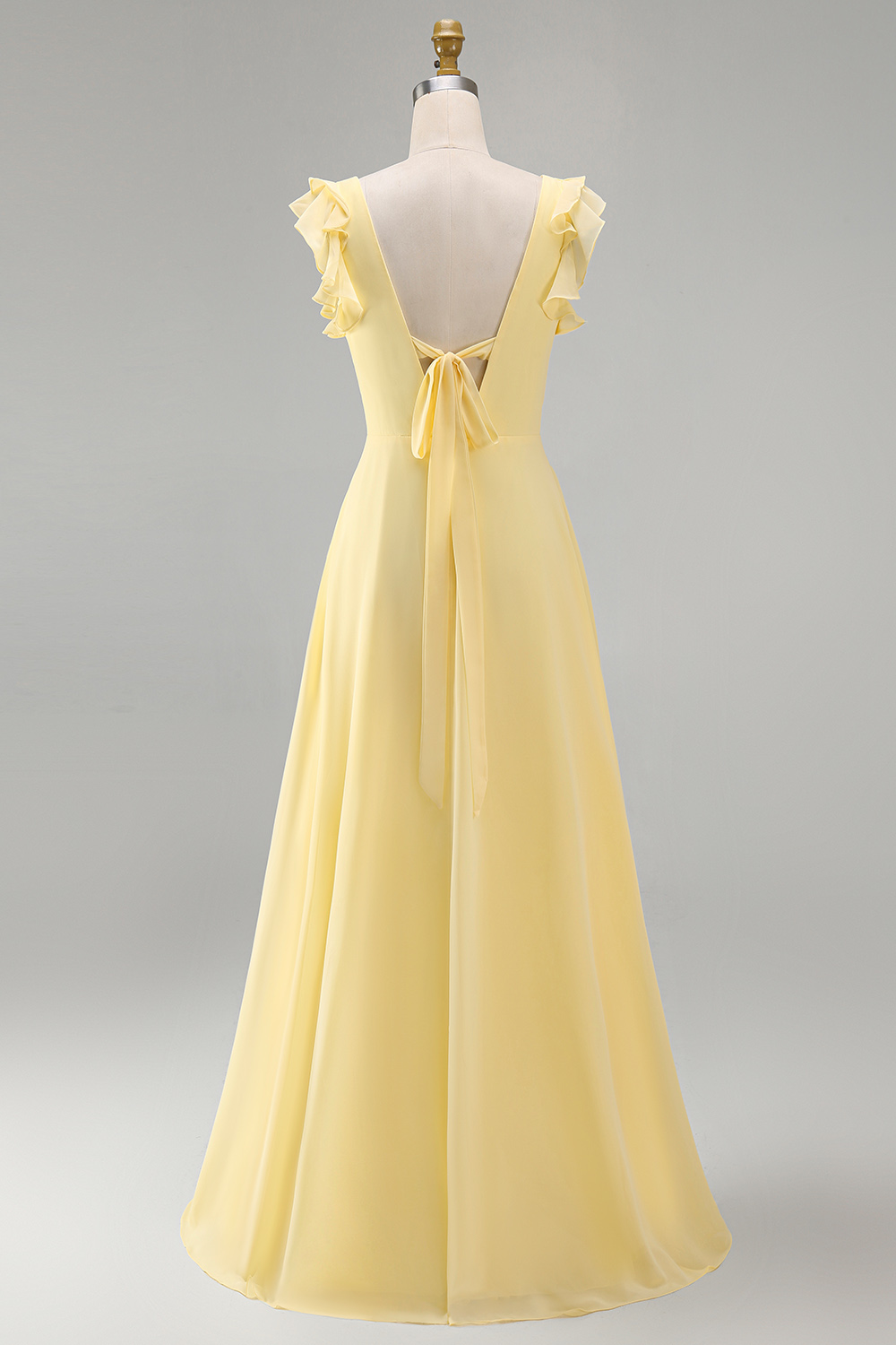A Line Round Neck Ruffled Dusty Blue Long Bridesmaid Dress