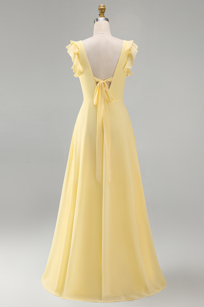 A Line Round Neck Ruffled Dusty Blue Long Bridesmaid Dress