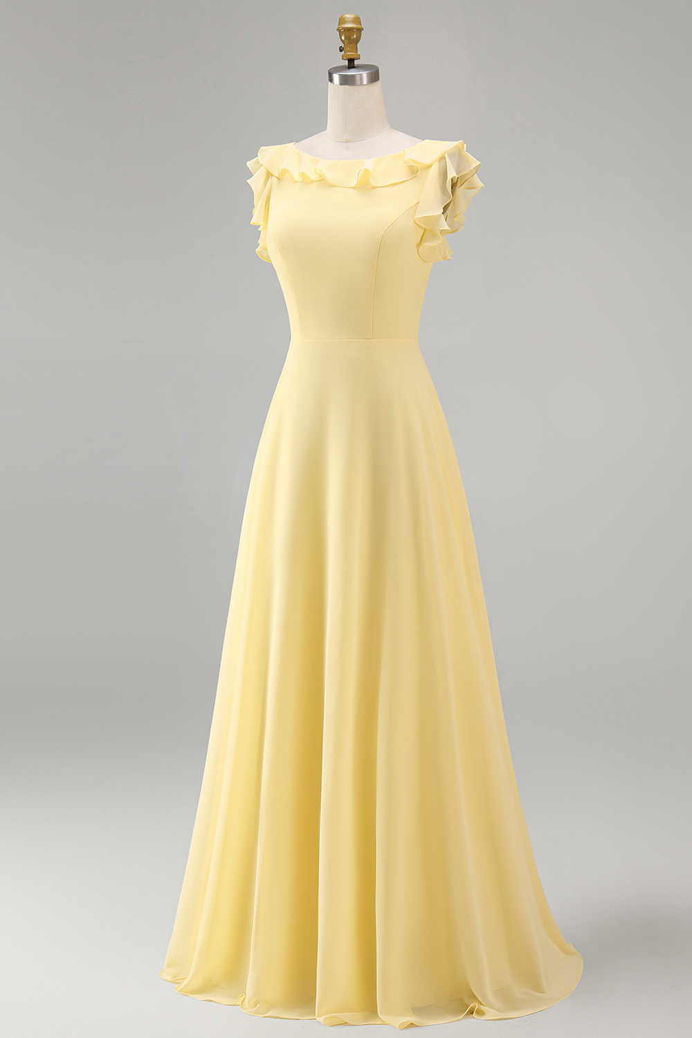 A Line Round Neck Ruffled Dusty Blue Long Bridesmaid Dress