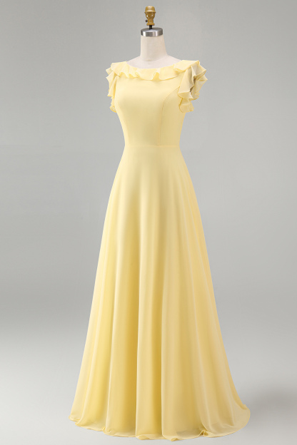 A Line Round Neck Ruffled Dusty Blue Long Bridesmaid Dress