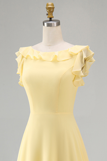A Line Round Neck Ruffled Dusty Blue Long Bridesmaid Dress