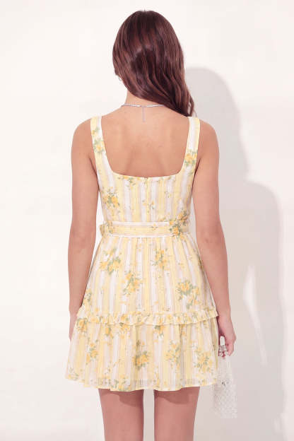 Floral Yellow Thick Straps Short Graduation Dress