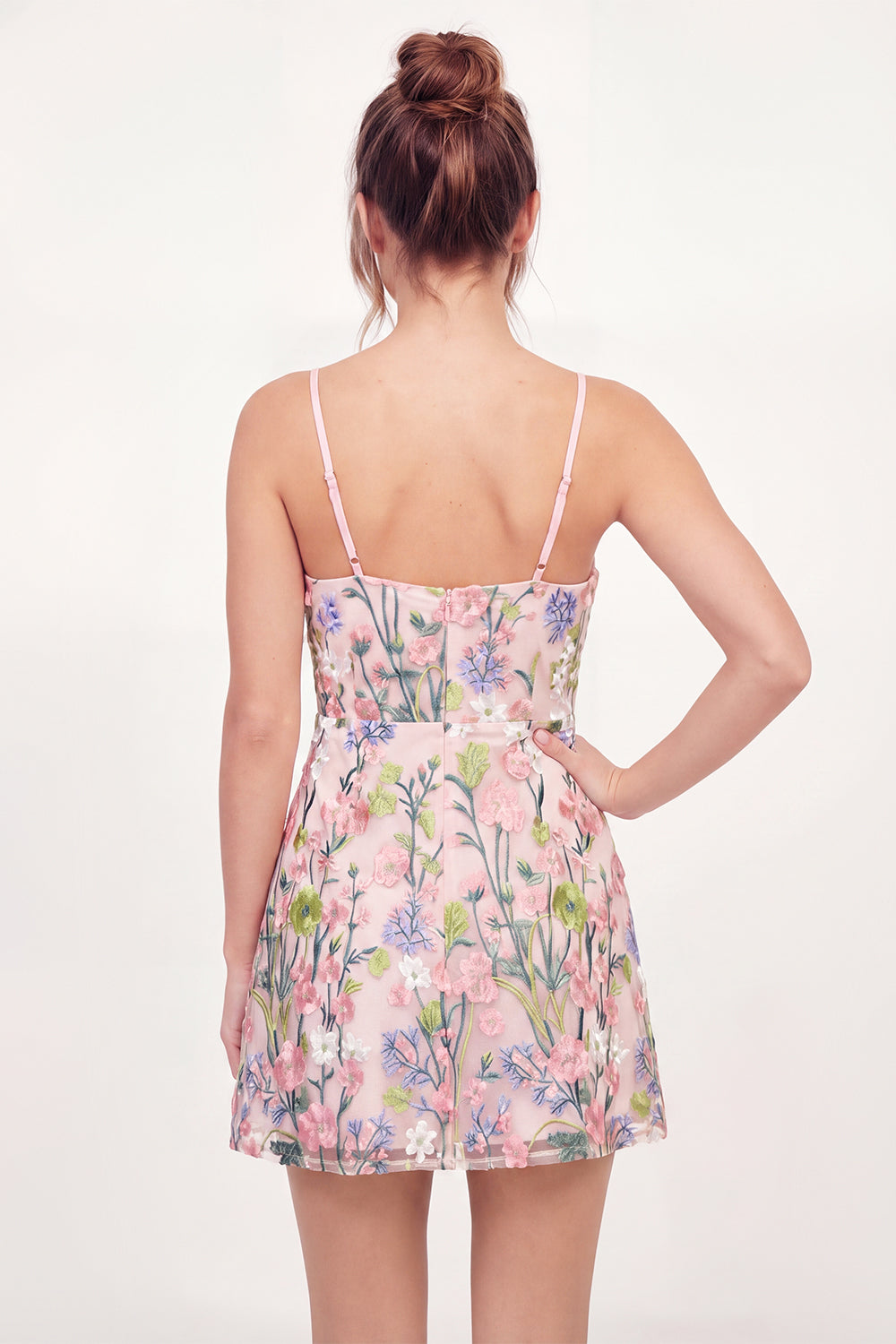 A Line Pink Floral Sleeveless Short Graduation Dress