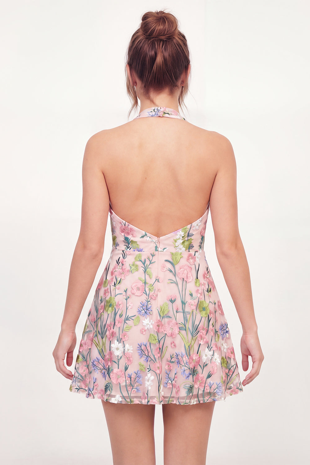 A Line Pink Floral Halter Neck Short Graduation Dress