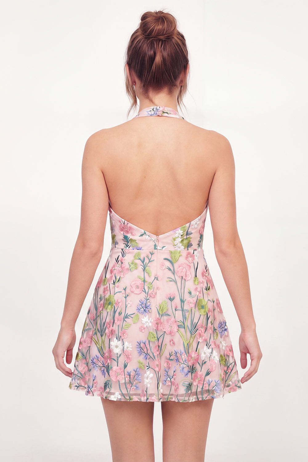 A Line Pink Floral Halter Neck Short Graduation Dress