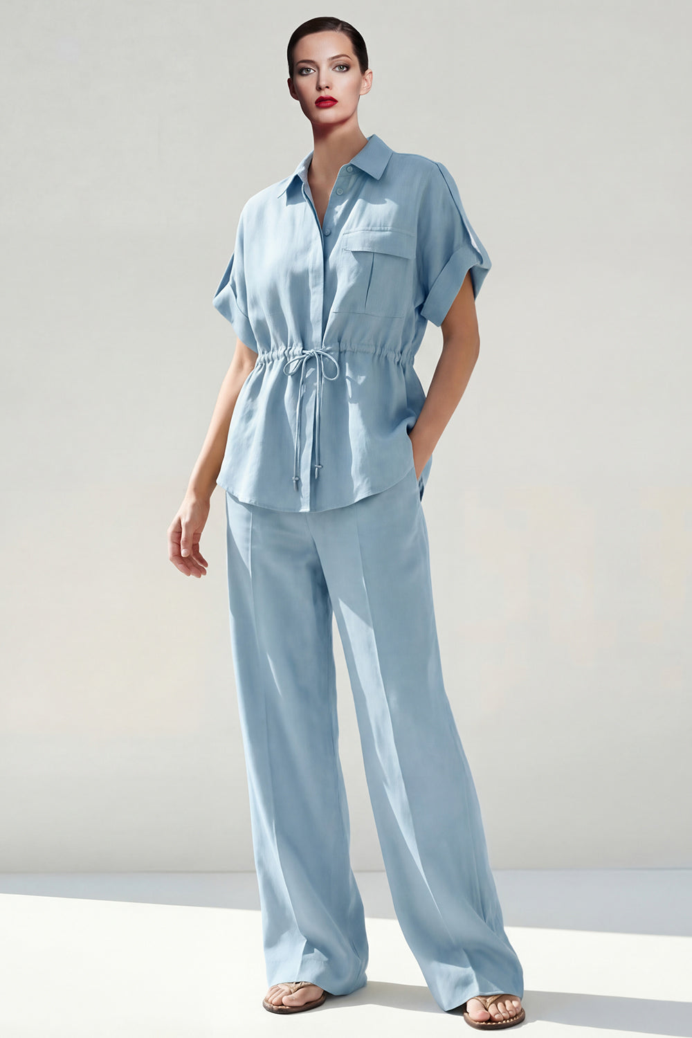 Blue Collar Neck Short Sleeves 2 Piece Work Suits with Pockets