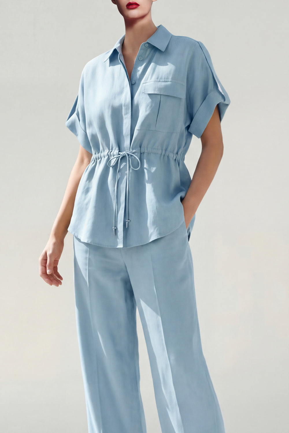 Blue Collar Neck Short Sleeves 2 Piece Work Suits with Pockets