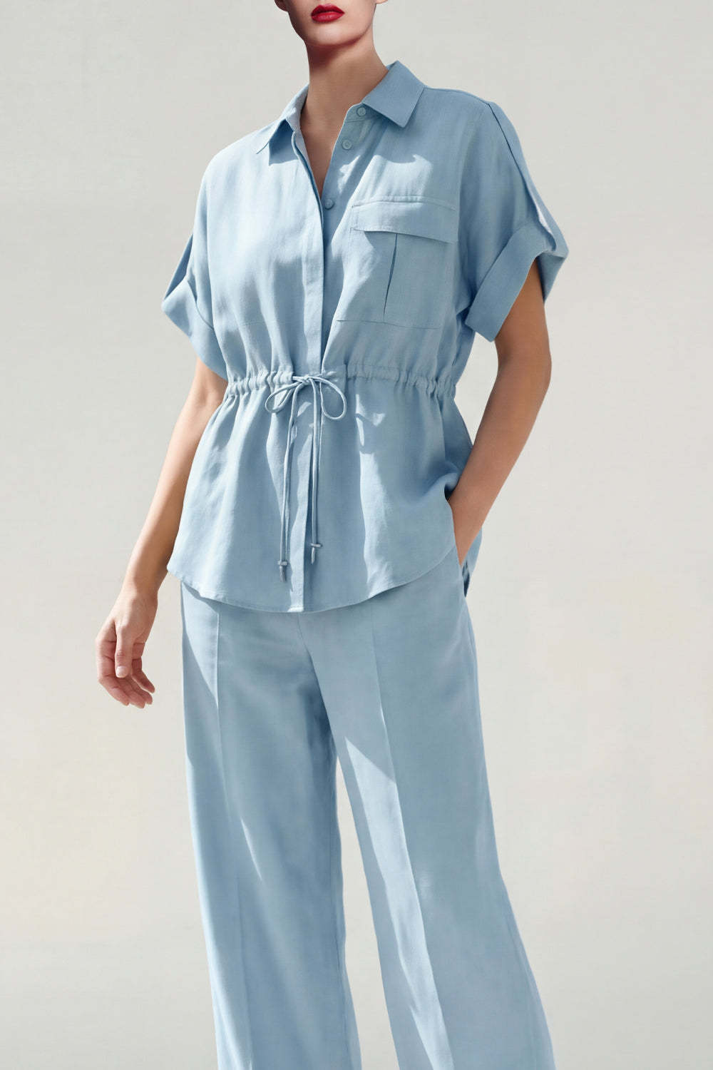 Blue Collar Neck Short Sleeves 2 Piece Work Suits with Pockets