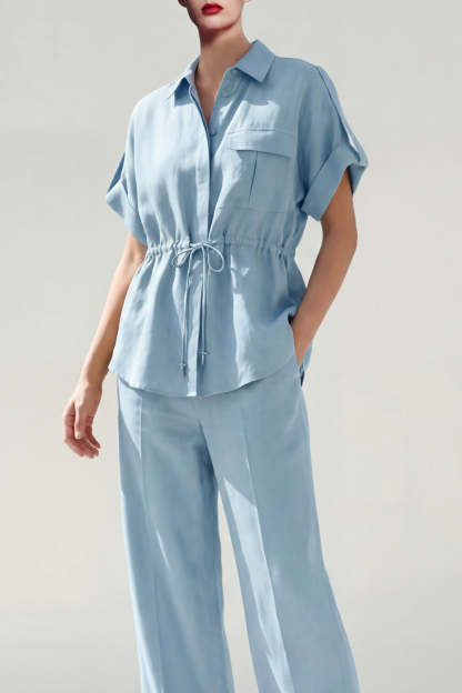 Blue Collar Neck Short Sleeves 2 Piece Work Suits with Pockets