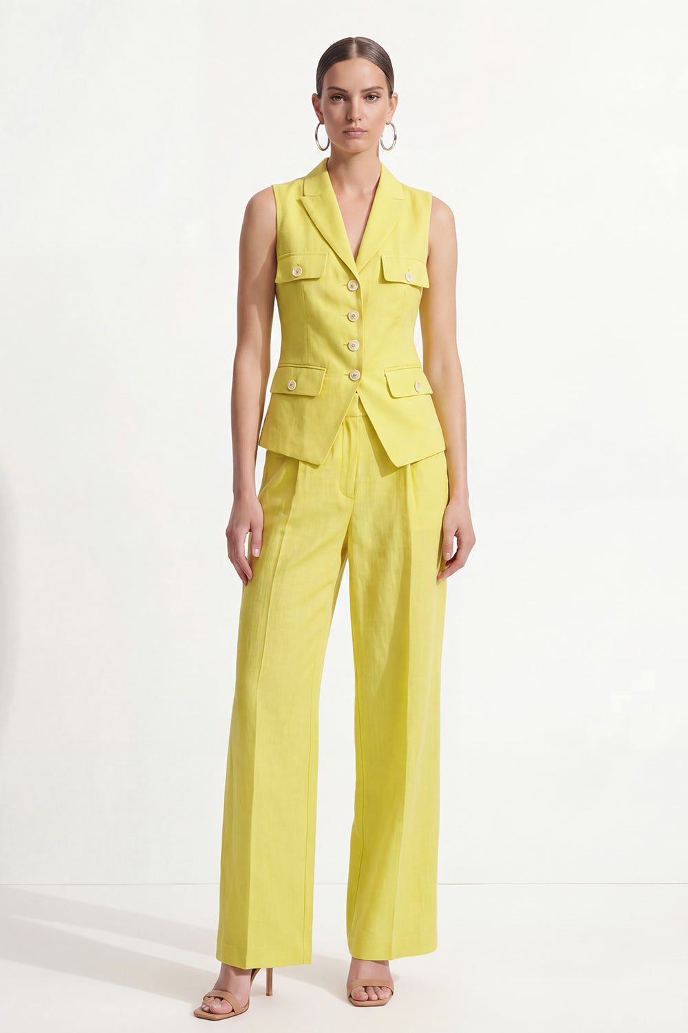 Leely Women Lemon Yellow Single Breasted 2 Piece Work Suits Peak Lapel Sleeveless Formal Suits