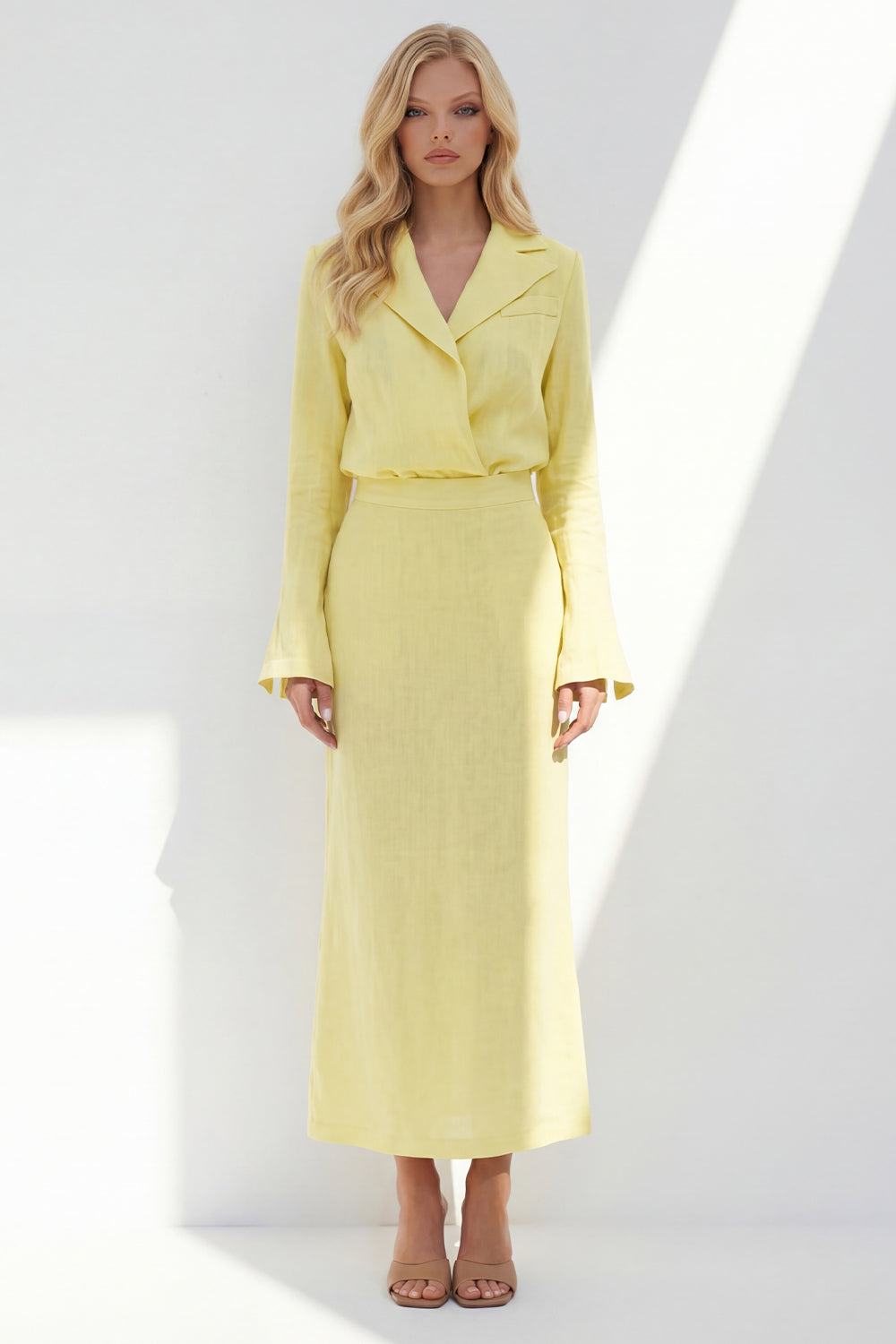 Blue Sheath Long Sleeves Peak Lapel Long Blazer dress