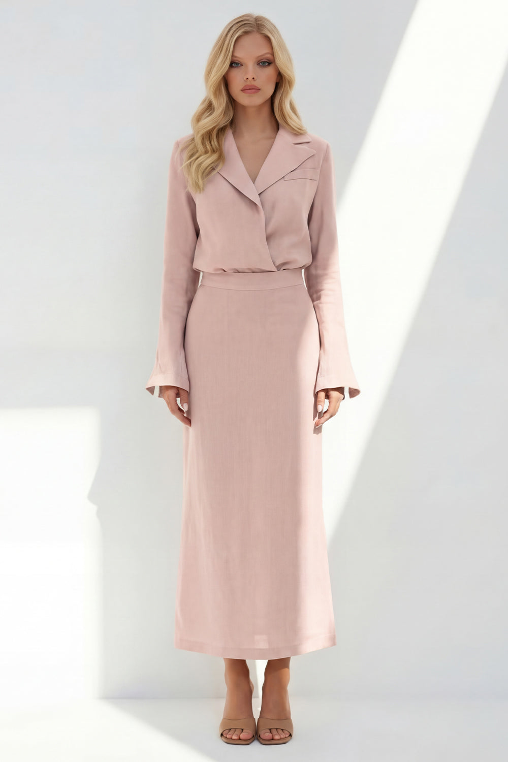 Blue Sheath Long Sleeves Peak Lapel Long Blazer dress