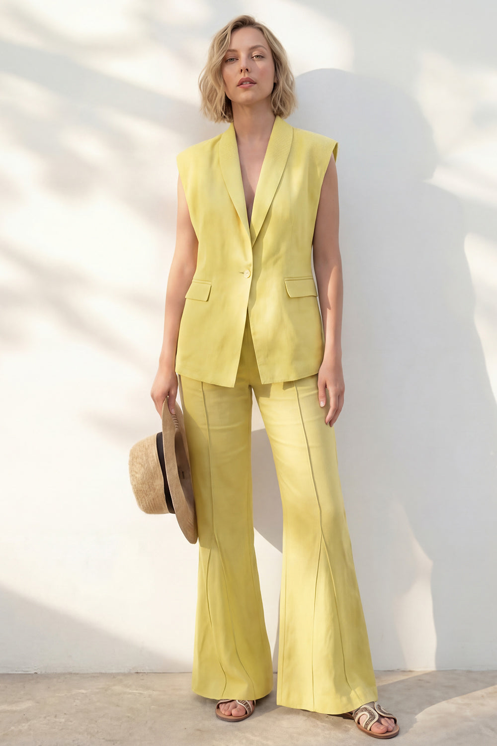 Leely Women Yellow Shawl Lapel Sleeveless 2 Piece Work Suits Single Breasted Linen Formal Suits