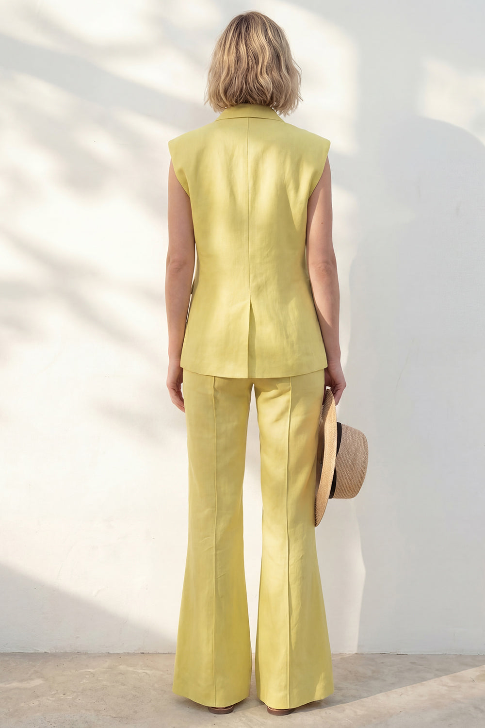 Yellow Shawl Lapel Sleeveless 2 Piece Work Suits
