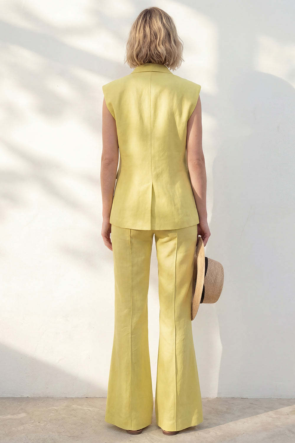 Yellow Shawl Lapel Sleeveless 2 Piece Work Suits