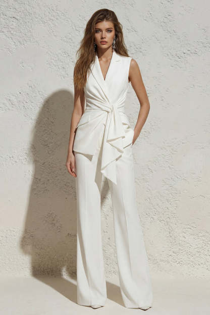 Leely Women White V Neck 2 Piece Work Suits Sleeveless Ruched Formal Suits with Pockets