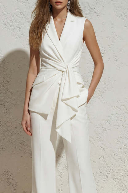 White V Neck Sleeveless Ruched 2 Piece Work Suits