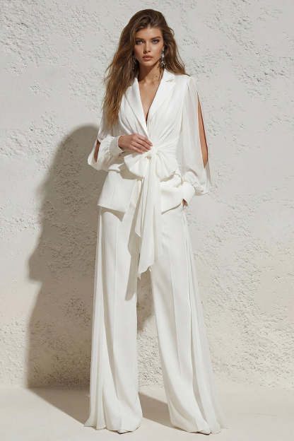 Leely Women White V Neck 2 Piece Work Suits Long Sleeves Ruched Formal Suits with Pockets