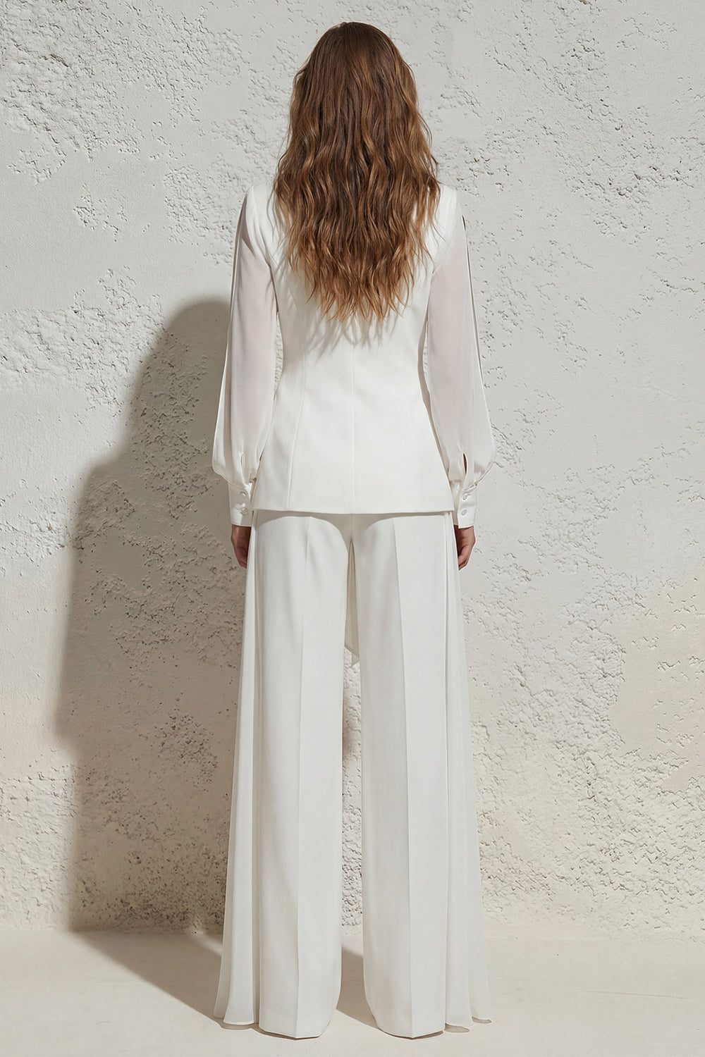 Long Sleeves White V Neck Ruched 2 Piece Work Suits