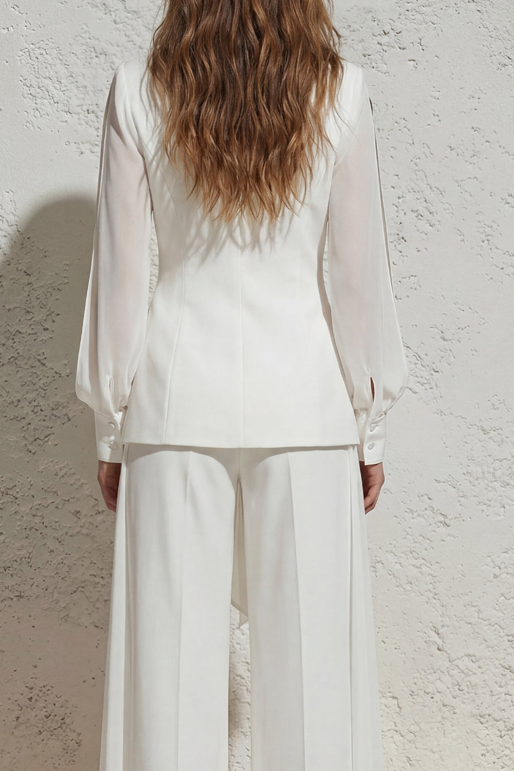 Long Sleeves White V Neck Ruched 2 Piece Work Suits