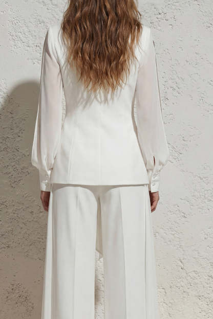Long Sleeves White V Neck Ruched 2 Piece Work Suits