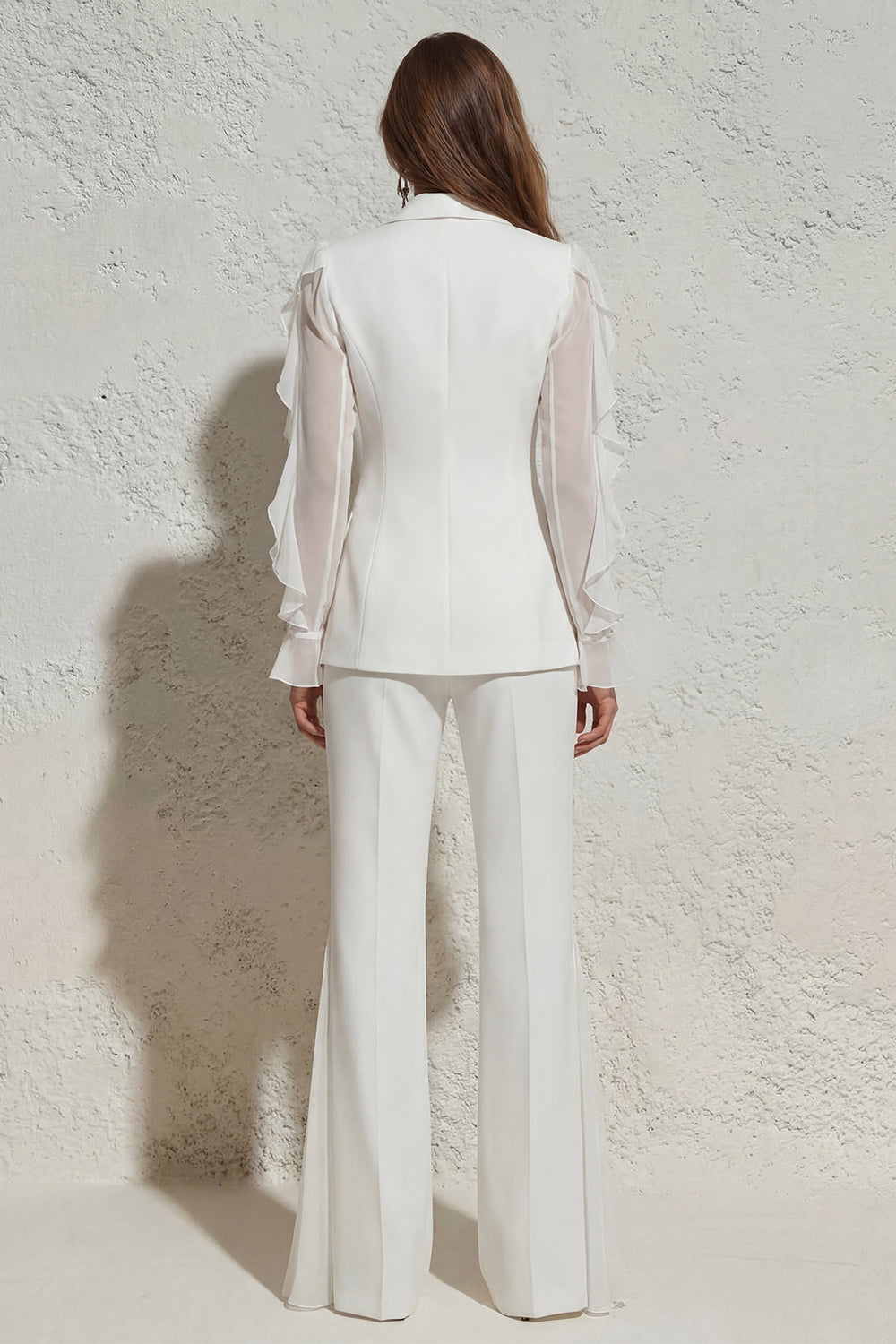 White V Neck Ruched Ruffled 2 Piece Work Suits with Pockets