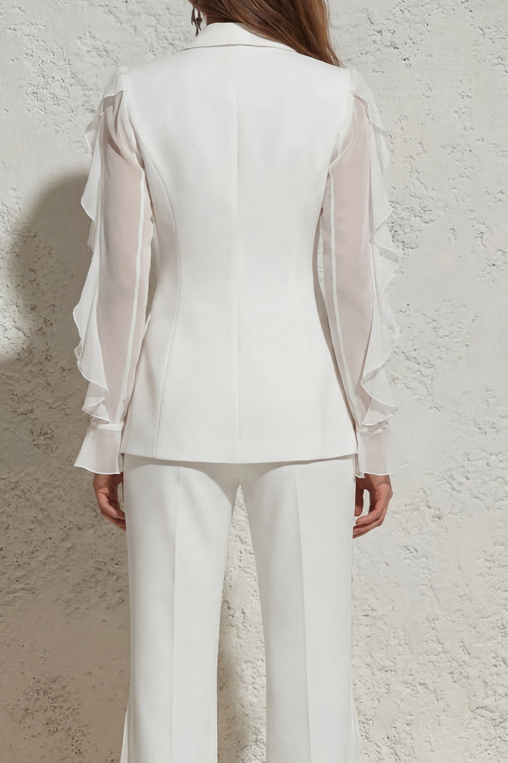 White V Neck Ruched Ruffled 2 Piece Work Suits with Pockets