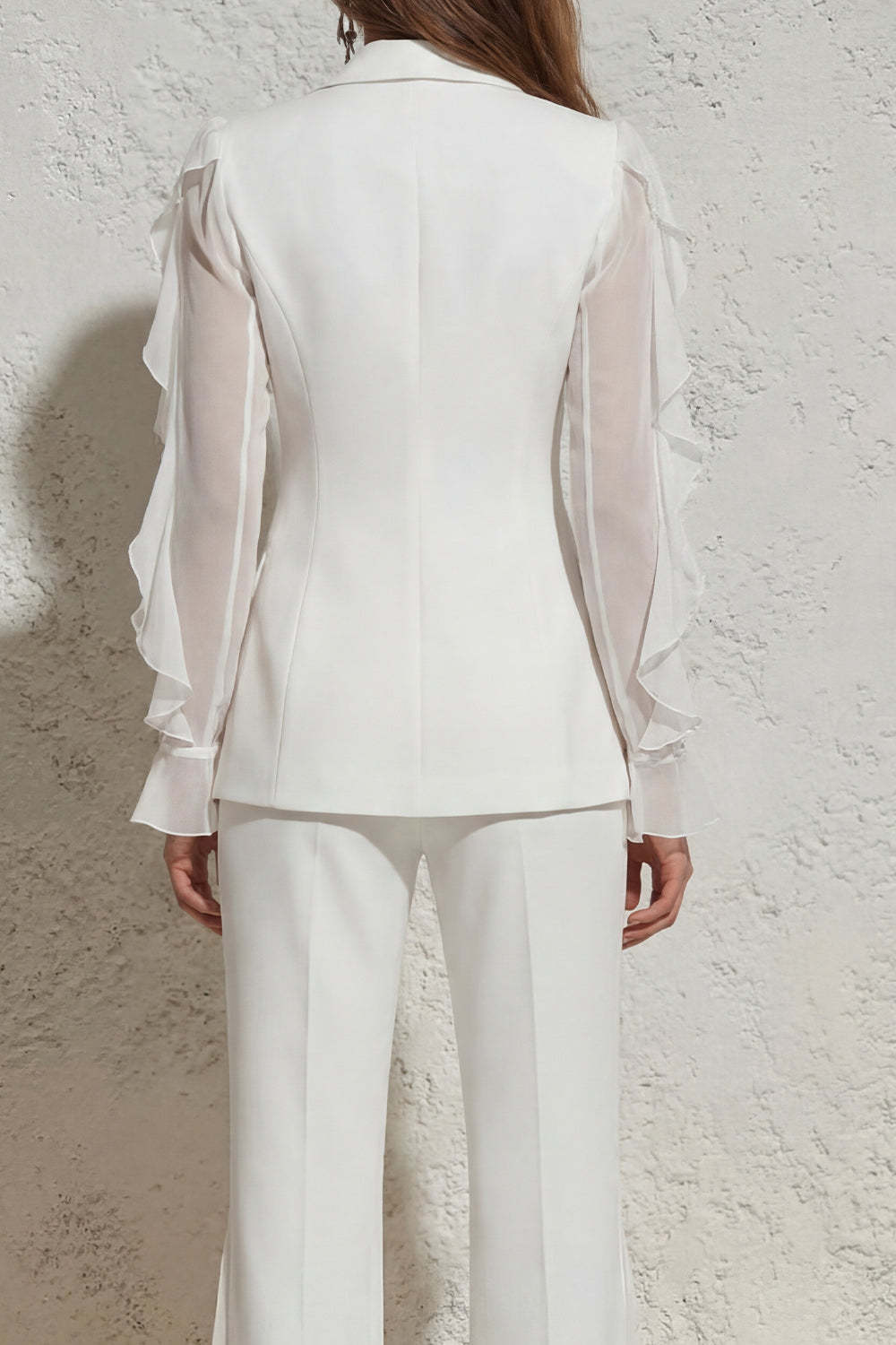 White V Neck Ruched Ruffled 2 Piece Work Suits with Pockets