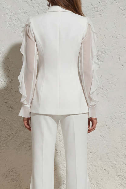 White V Neck Ruched Ruffled 2 Piece Work Suits with Pockets