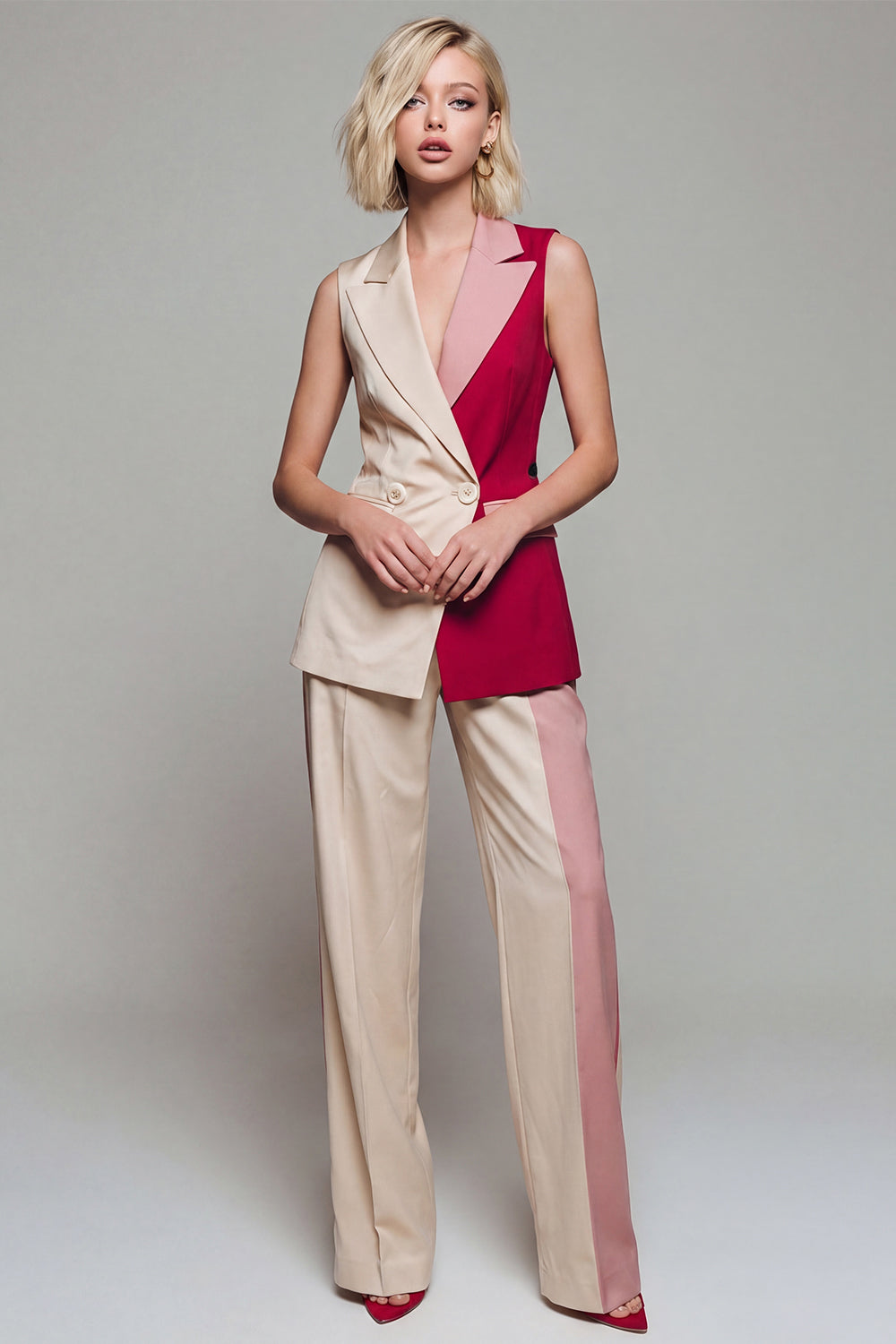 Light Khaki Sleeveless Double Breasted 2 Piece Work Suits