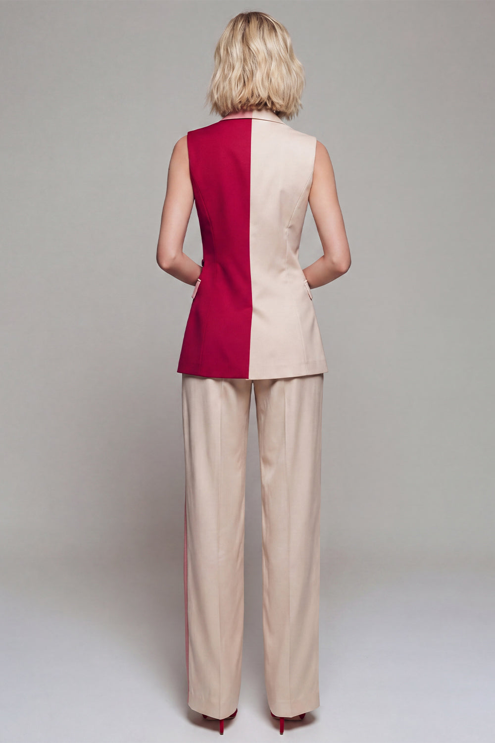 Light Khaki Sleeveless Double Breasted 2 Piece Work Suits