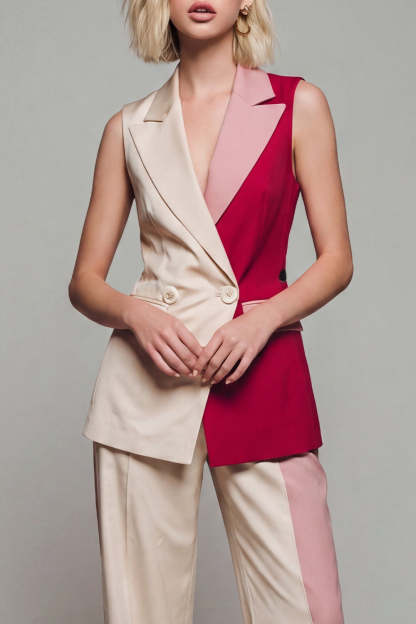 Light Khaki Sleeveless Double Breasted 2 Piece Work Suits