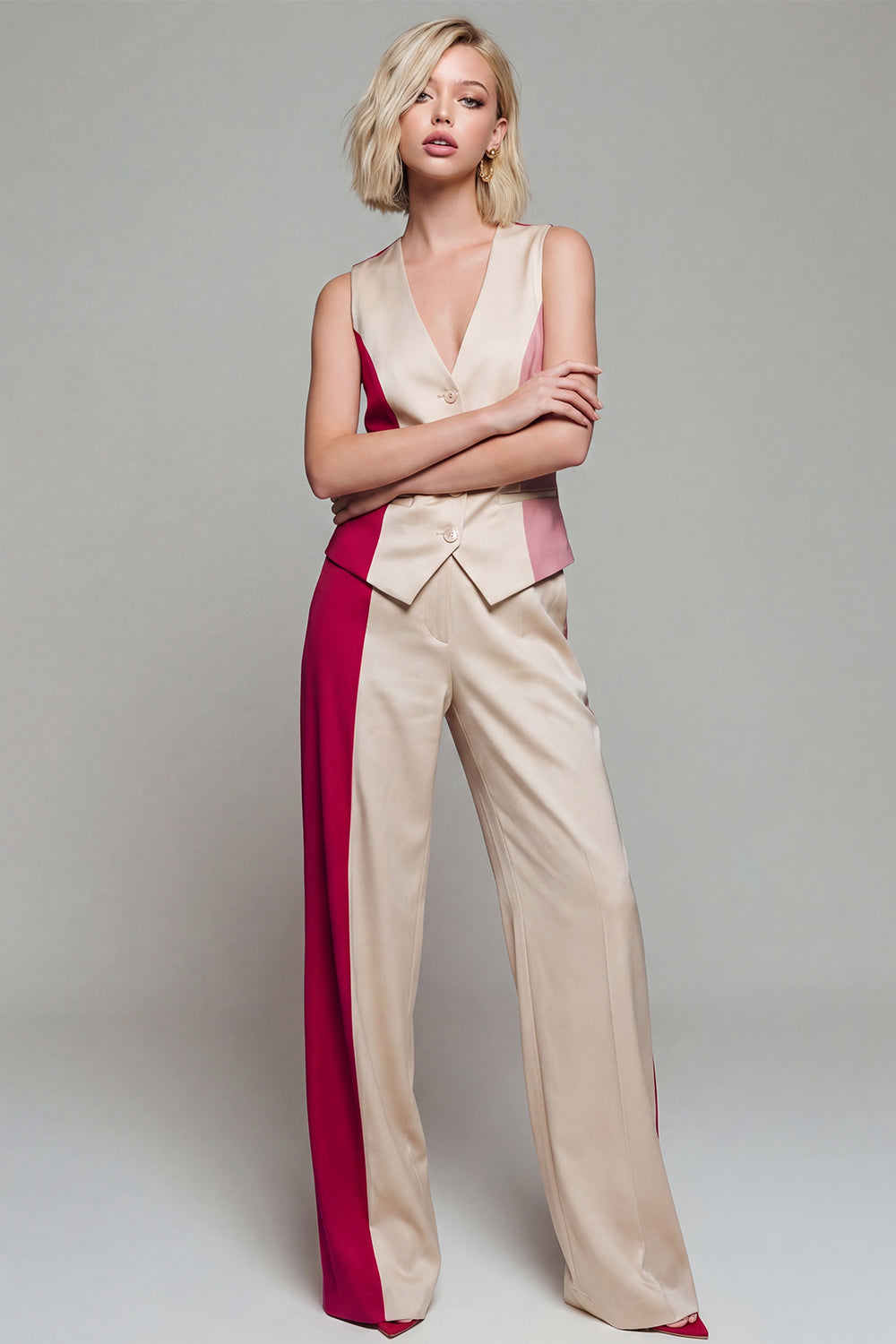 Leely Women Light Khaki 2 Piece Single Breasted Work Suits Sleeveless V Neck Business Suits