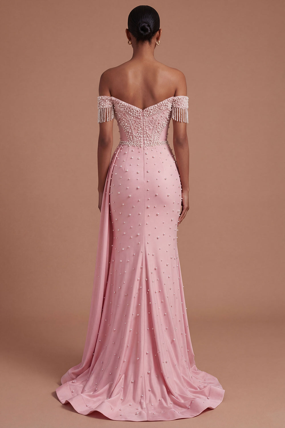 Off the Shoulder Beaded Ruched Pink Long Prom Dress with Slit