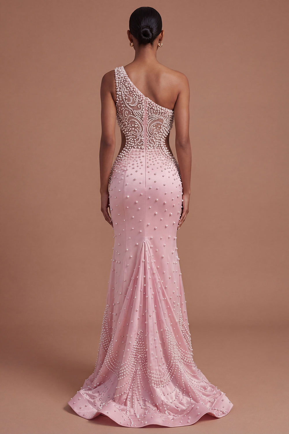 One Shoulder Mermaid Beaded Ruched Pink Long Prom Dress