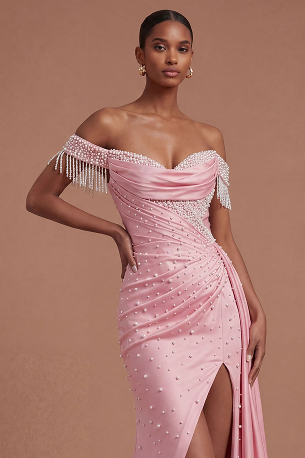 Off the Shoulder Beaded Ruched Pink Long Prom Dress with Slit
