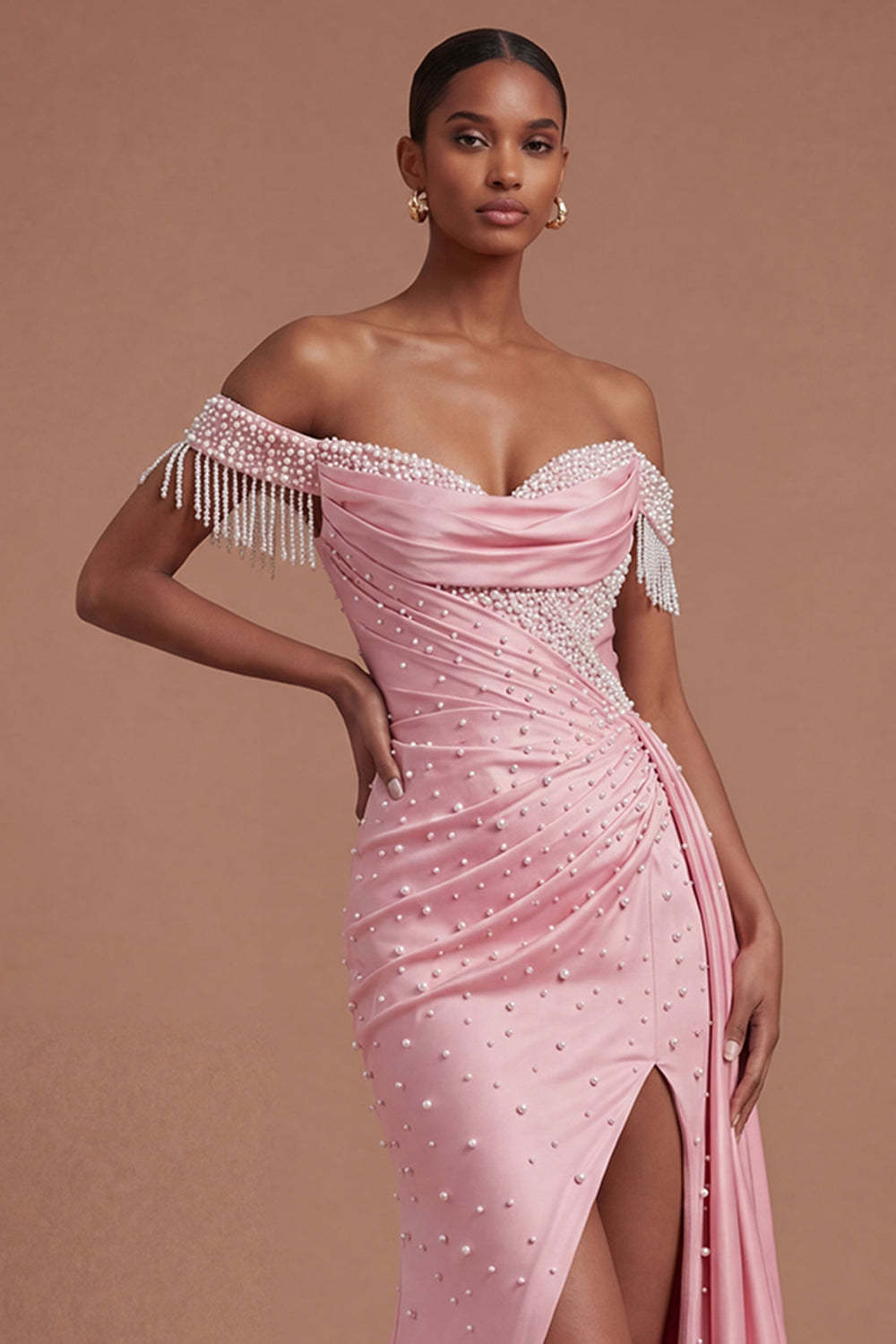 Off the Shoulder Beaded Ruched Pink Long Prom Dress with Slit