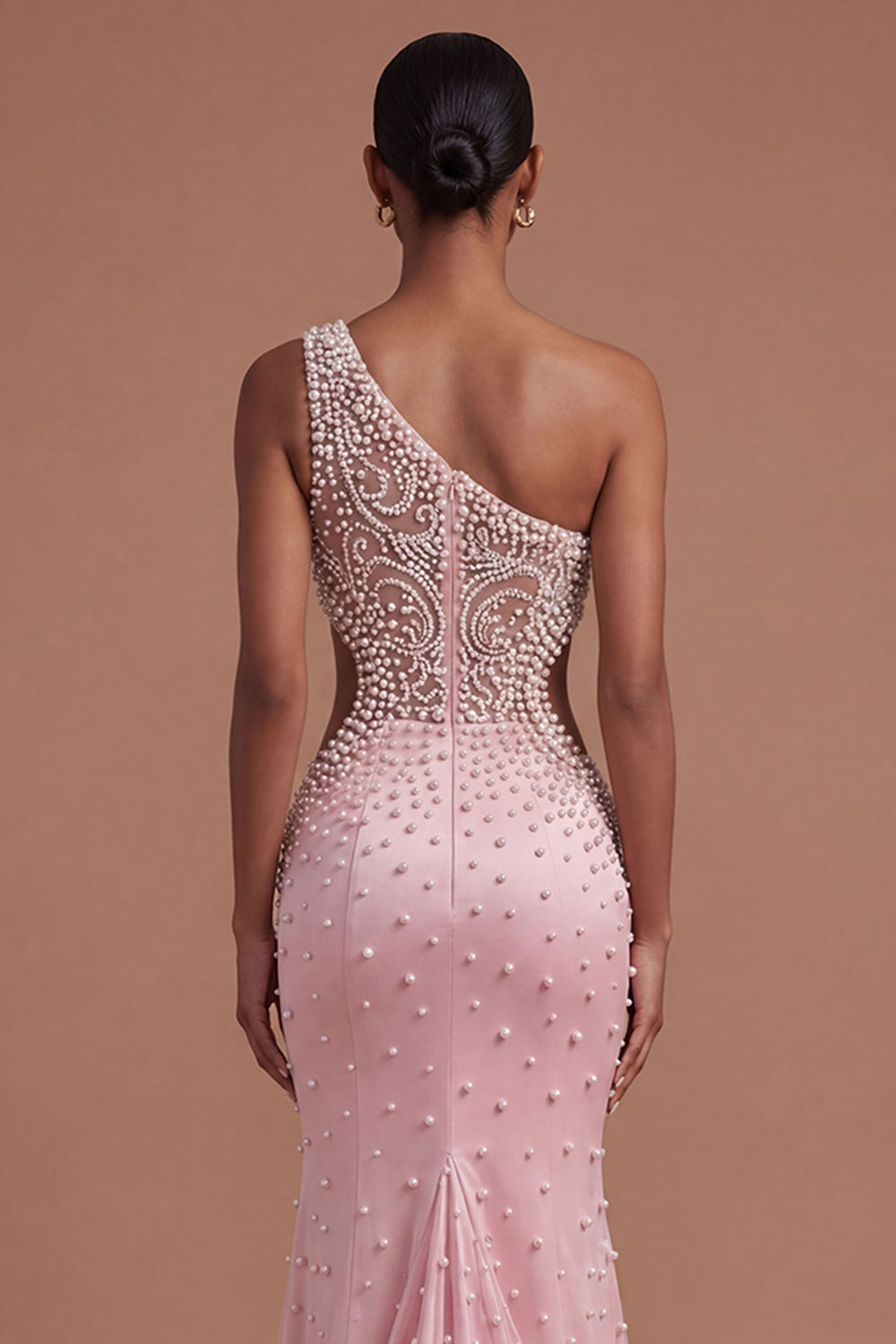One Shoulder Mermaid Beaded Ruched Pink Long Prom Dress