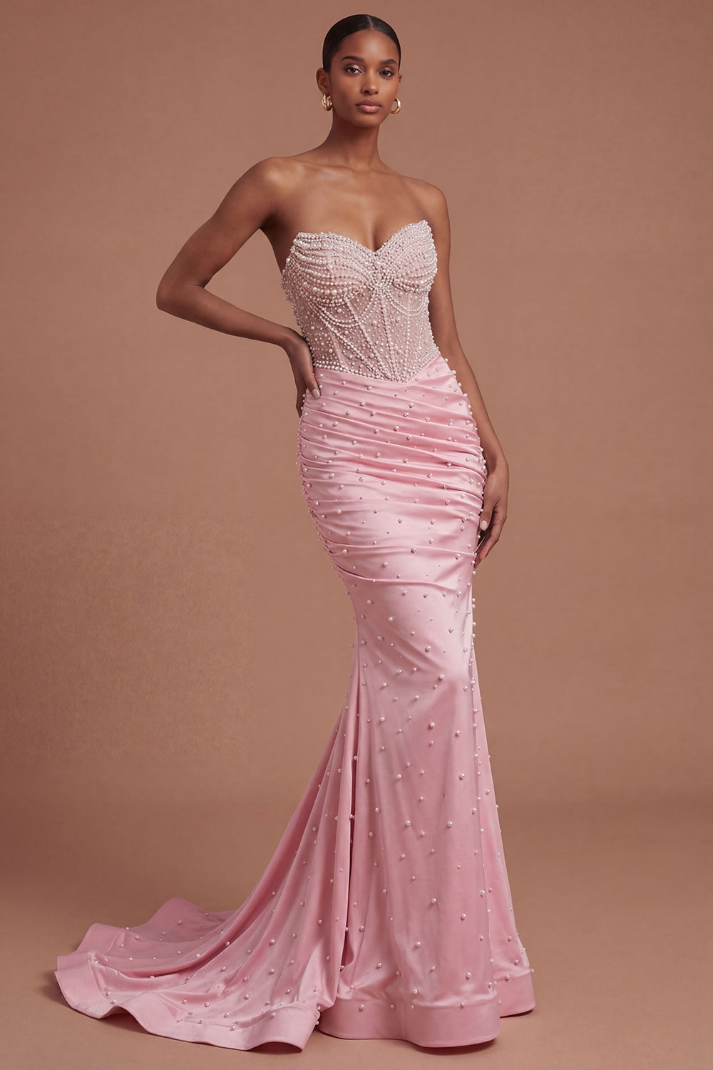 Leely Women Corset Mermaid Pink Beaded Mermaid Ruched Long Prom Dress Backless Sleeveless Wedding Guest Dress