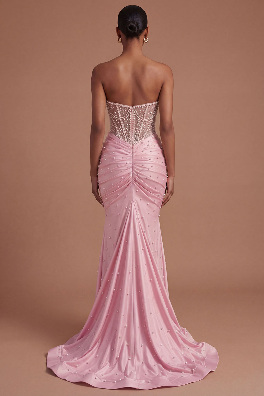Corset Mermaid Pink Beaded Mermaid Ruched Long Prom Dress