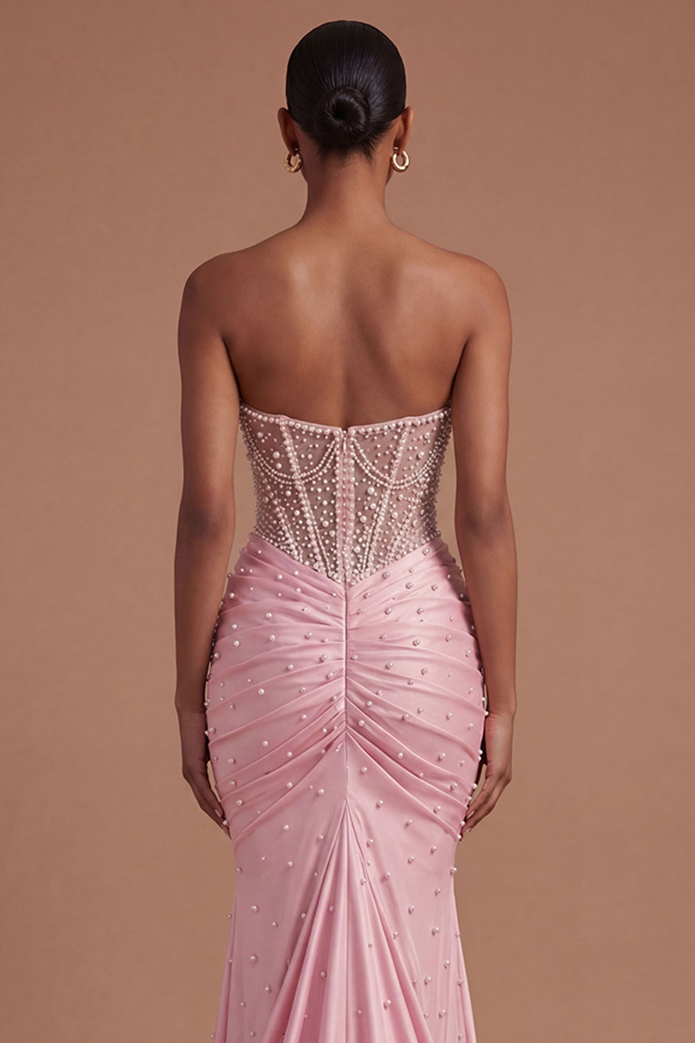 Corset Mermaid Pink Beaded Mermaid Ruched Long Prom Dress
