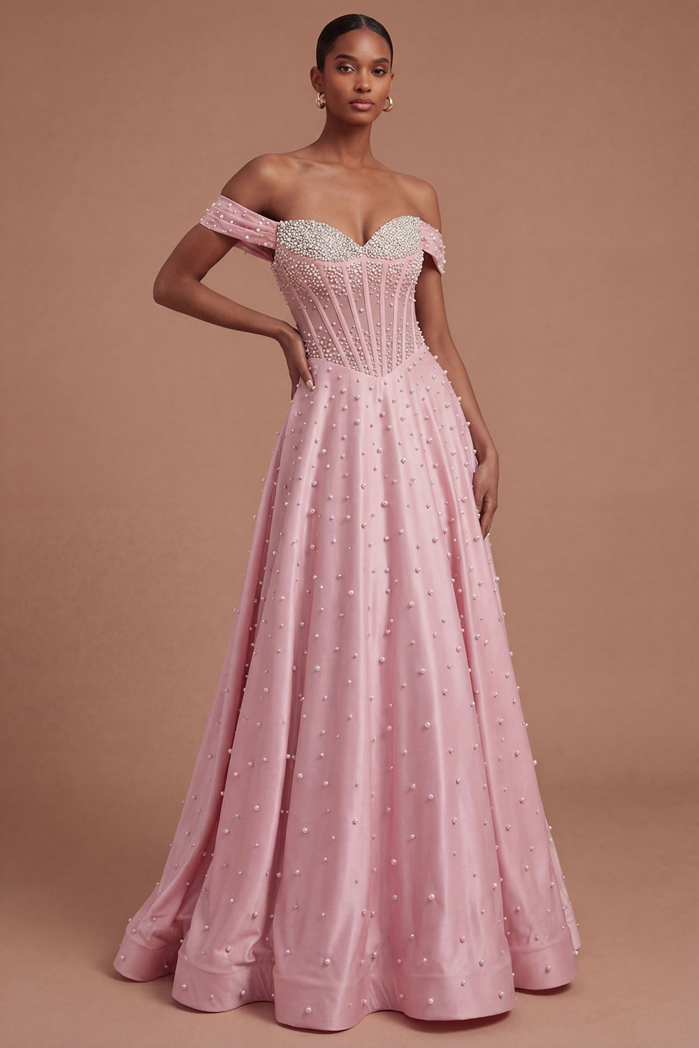 Leely Women Off the Shoulder Corset Pink Beaded A Line Long Prom Dress Sleeveless Backless Wedding Guest Dress