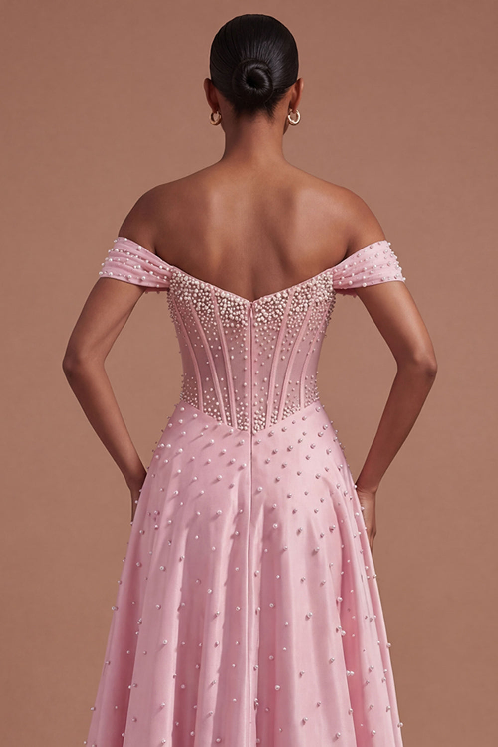 Off the Shoulder Corset Pink Beaded A Line Long Prom Dress