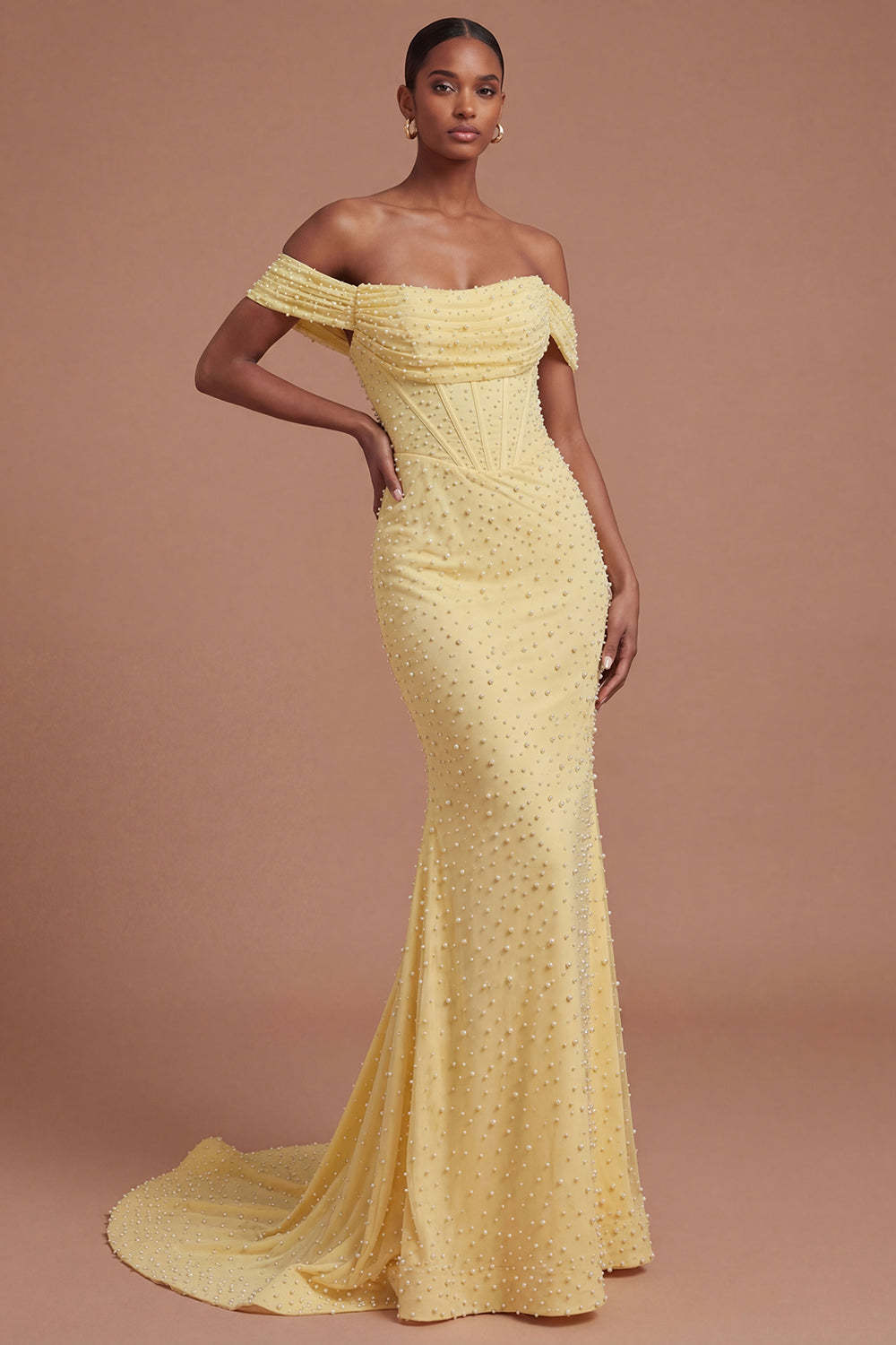 Leely Women Yellow Mermaid Beaded Corset Long Prom Dress Backless Sleeveless Evening Dress