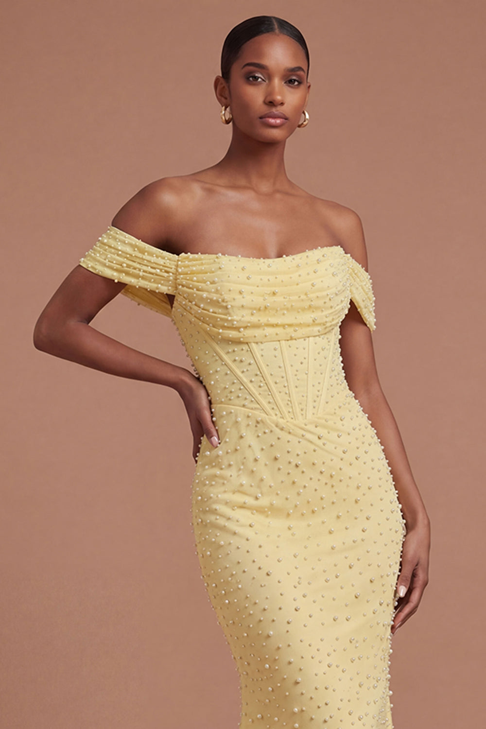 Yellow Mermaid Beaded Corset Long Prom Dress