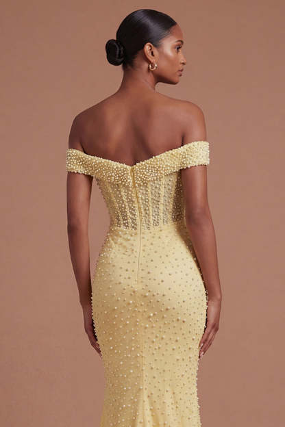 Yellow Mermaid Beaded Corset Long Prom Dress