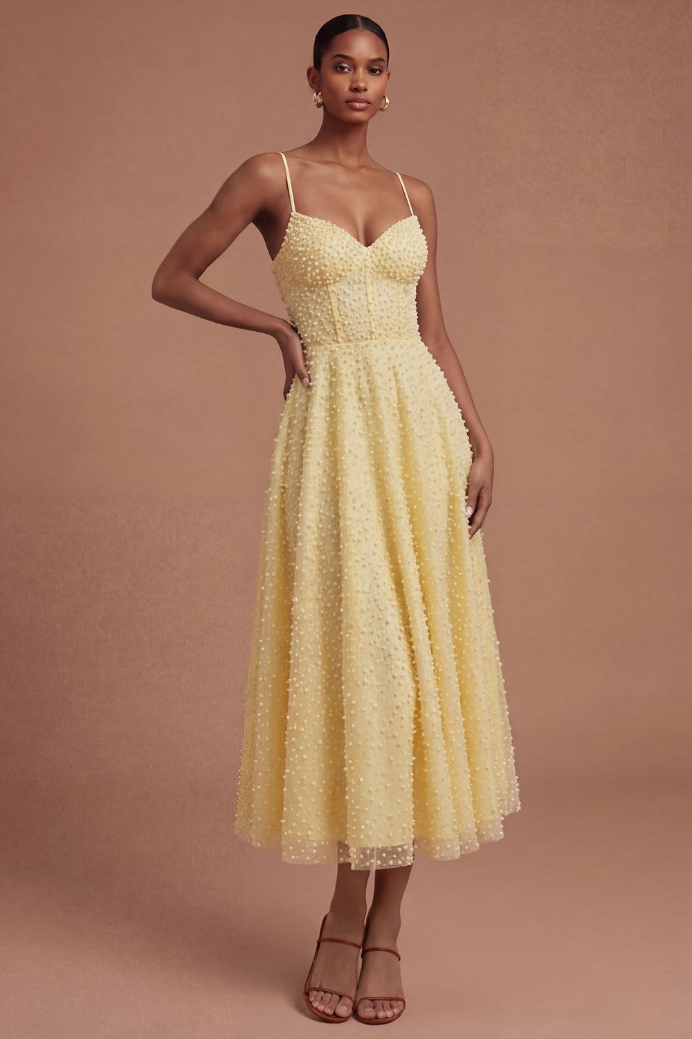 Leely Women Corset A Line Yellow Spaghetti Straps Midi Prom Dress Beaded Backless Sleeveless Evening Dress